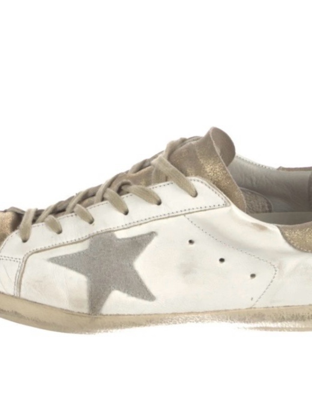 Golden Goose White Leather Sneaker with Taupe Star and Gold Accents